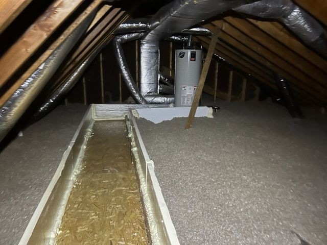 Attic insulation with cellulose. Pest deterrent, Cellulose is mold resistant, and fire resistant.